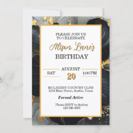 Invitación Cumpleaños adulto floral dorado y negro