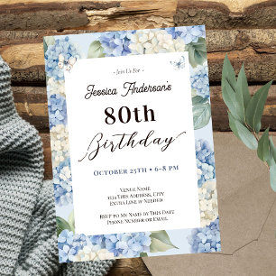 Invitación Cumpleaños adulto Jardín Hortensia Azul 80