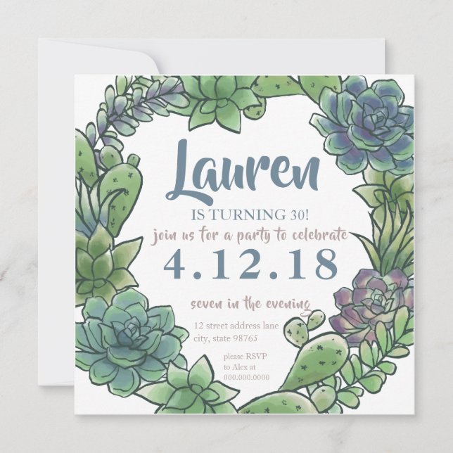 Invitación Cumpleaños adulto suculento cualquier edad que da (Anverso)