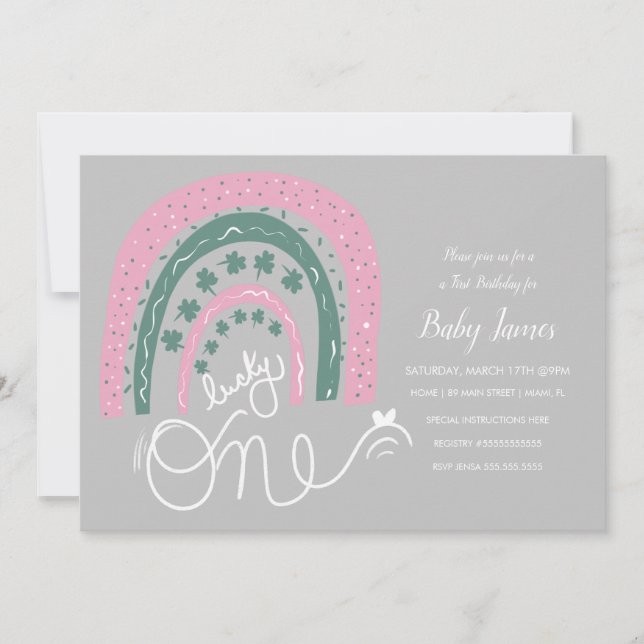 Invitación Cumpleaños Afortunado de San Patricio Arcoíris Dib (Anverso)