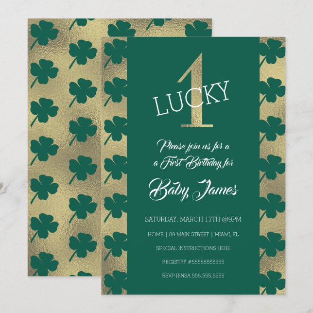 Invitación Cumpleaños Afortunado de San Patricio Verde Primer (Anverso / Reverso)