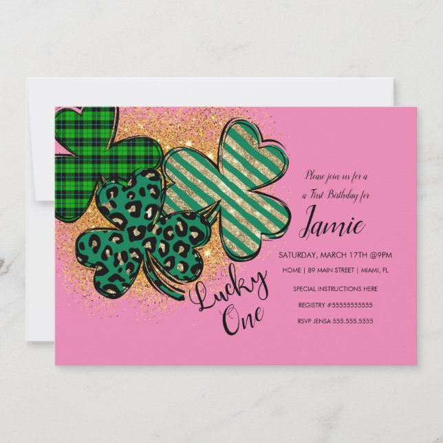 Invitación Cumpleaños Afortunado de St. Patrick Rosa Verde (Anverso)