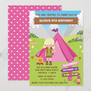 Invitación Cumpleaños al aire libre de camping Chica de pelo 