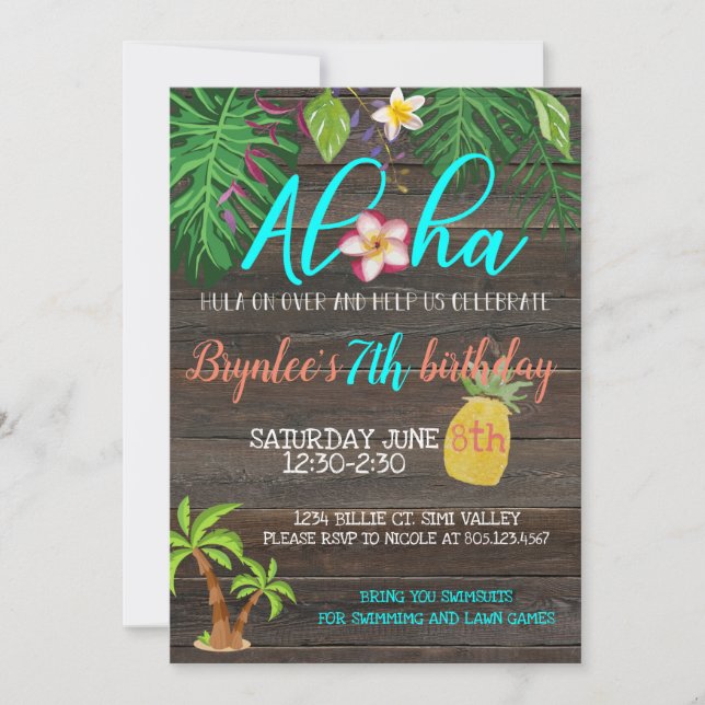 Invitación Cumpleaños ALOHA|Tropical|Fiesta en la piscina (Anverso)