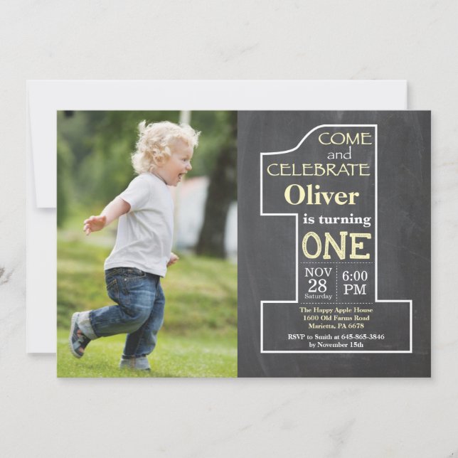 Invitación Cumpleaños amarillo de tiza foto (Anverso)