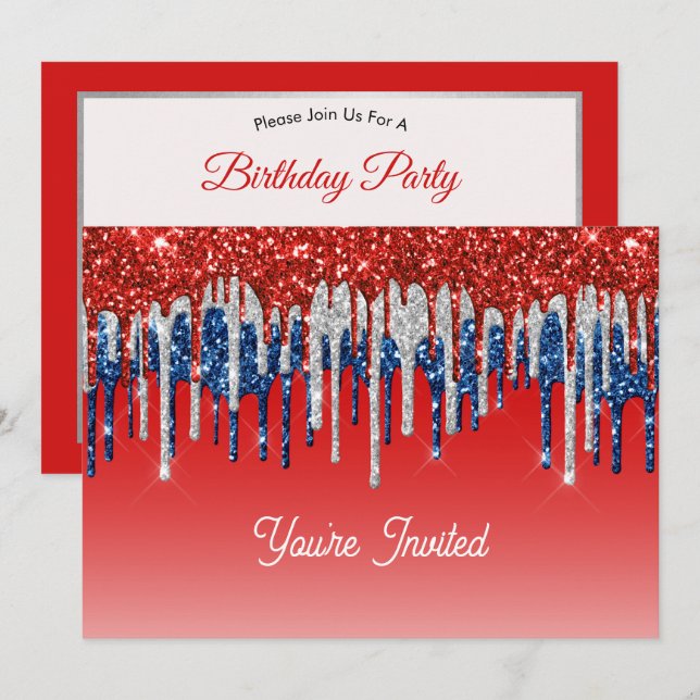 Invitación Cumpleaños Americano con Brillo Patriótico (Anverso / Reverso)