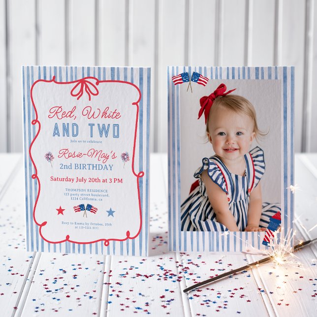 Invitación Cumpleaños Americano Rojo Blanco Dos 2 (American Red White Two 2nd Birthday Invitation)
