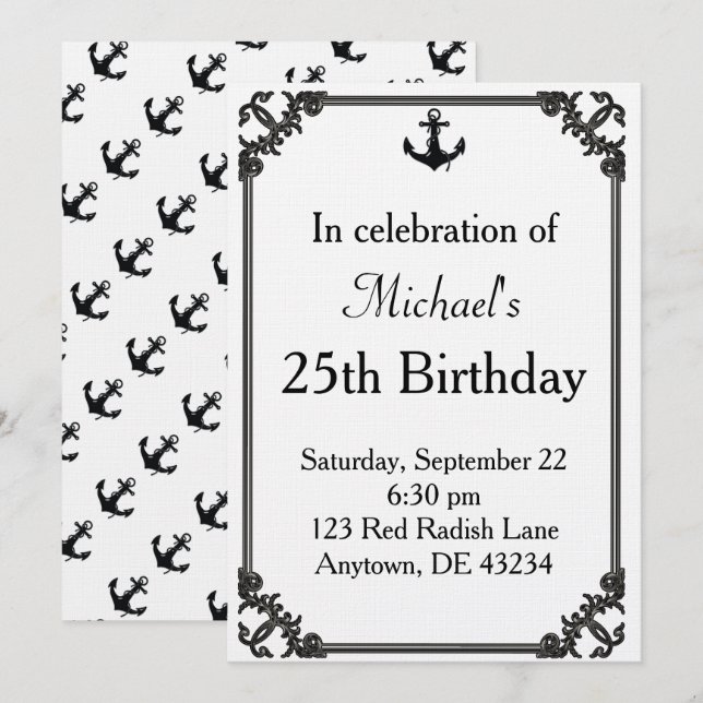 Invitación Cumpleaños Ancla de Barco Negro (Anverso / Reverso)