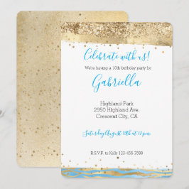 Invitación Cumpleaños Animal Glitter Confetti Aqua Azul Dorad