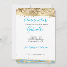 Invitación Cumpleaños Animal Glitter Confetti Aqua Azul Dorad