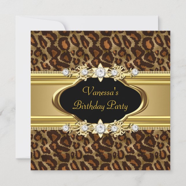 Invitación Cumpleaños Animal Print Dorado Negro (Anverso)