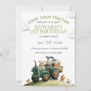 Invitación Cumpleaños Animales de Granja Tractor Verde 
