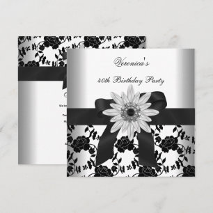 Invitación Cumpleaños Antiguo Fiesta Negro Blanco Flor Diaman