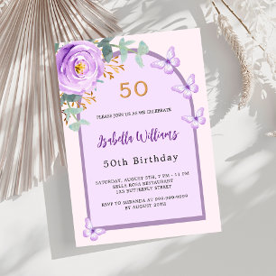 Invitación Cumpleaños arco floral rosa púrpura mariposas