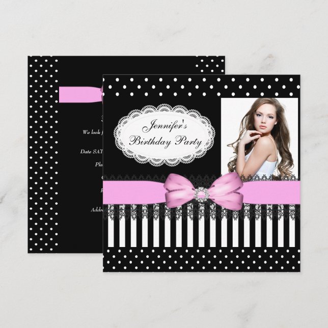 Invitación Cumpleaños Arco Rosa Puntos Negros Blancos (Anverso / Reverso)