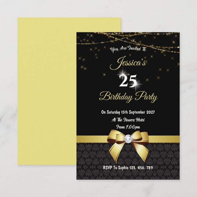 Invitación Cumpleaños Arco y Luces Gema Dorada (Anverso / Reverso)