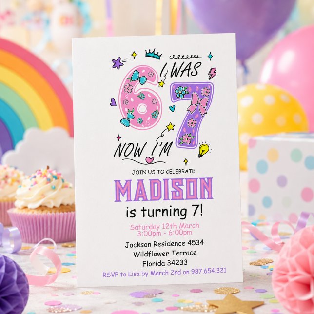 Invitación Cumpleaños arcoíris 7 | Fiesta “Tenía 6, ahora 7” (rainbow 7th Birthday | “I Was 6, Now 7” Party Invitation
)