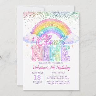 Invitación Cumpleaños Arcoíris Brillante Pastel Nube Nueve Ni