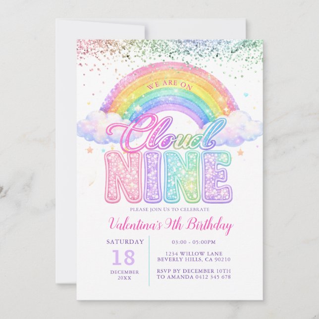 Invitación Cumpleaños Arcoíris Brillante Pastel Nube Nueve Ni (Anverso)