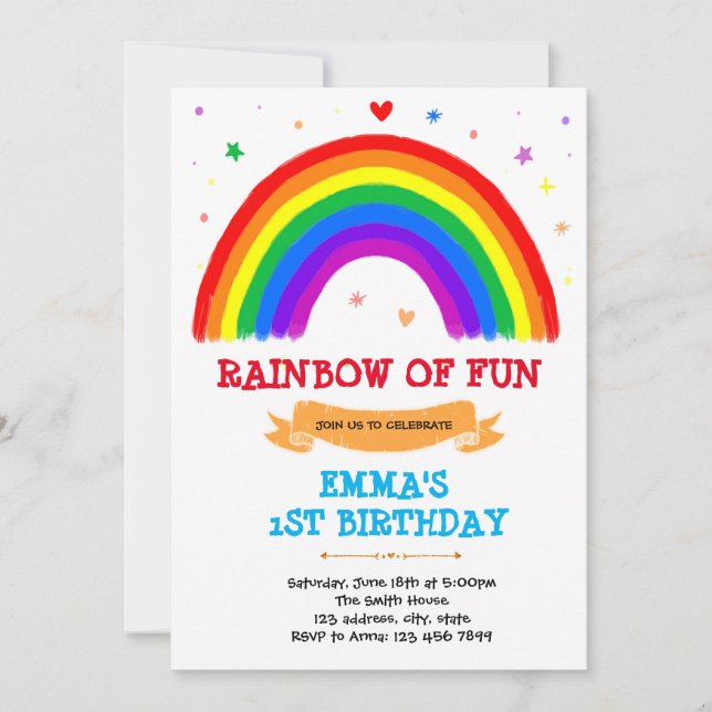 Invitación cumpleaños arcoíris de colores primarios (Anverso)