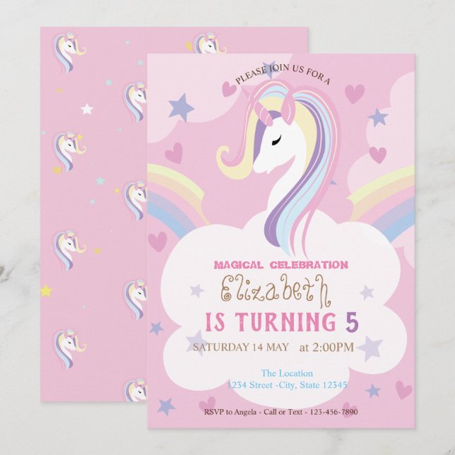 Invitación Cumpleaños Arcoíris de Unicornio (Anverso / Reverso)