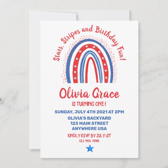 Invitación Cumpleaños arcoíris del 4 de julio (Anverso)