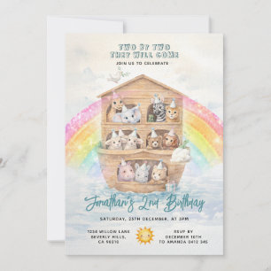 Invitación Cumpleaños Arcoiris del Arca de Noé DOS EN DOS