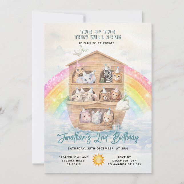 Invitación Cumpleaños Arcoiris del Arca de Noé DOS EN DOS (Anverso)