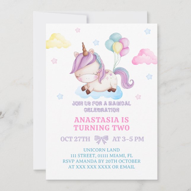 Invitación Cumpleaños arcoíris del unicornio 2 (Anverso)