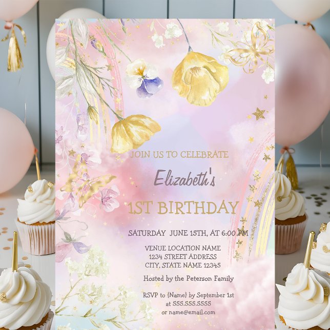 Invitación Cumpleaños Arcoíris Flores Acuarela  (Subido por el creador)