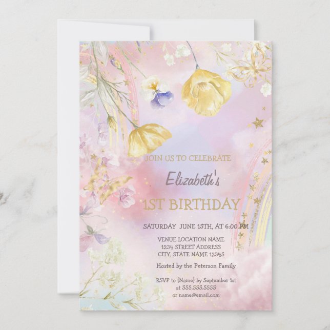 Invitación Cumpleaños Arcoíris Flores Acuarela  (Anverso)