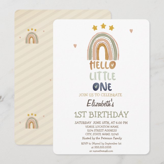 Invitación Cumpleaños Arcoíris Marrón Rayas Hola Pequeño  (Anverso / Reverso)