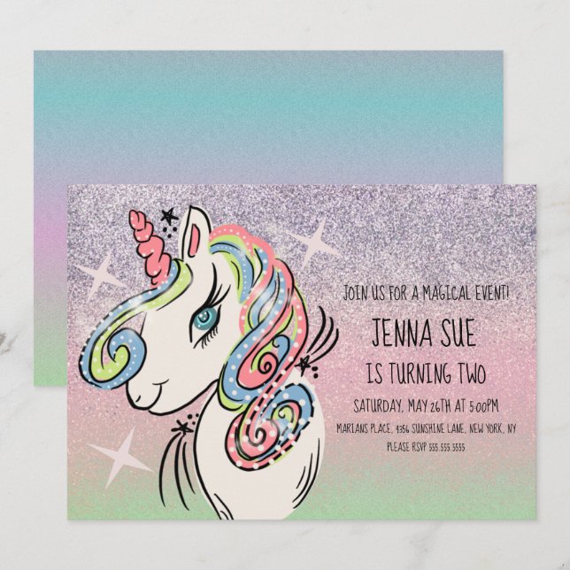 Invitación Cumpleaños arcoíris ombré dibujado a mano de unico (Anverso / Reverso)