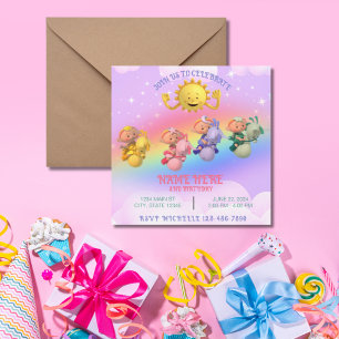 Invitación Cumpleaños Arcoíris Pastel de Sol Bebés Nube