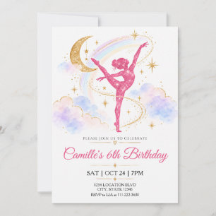 Invitación Cumpleaños Arcoíris Pastel Glitter Rosa Gimnasia