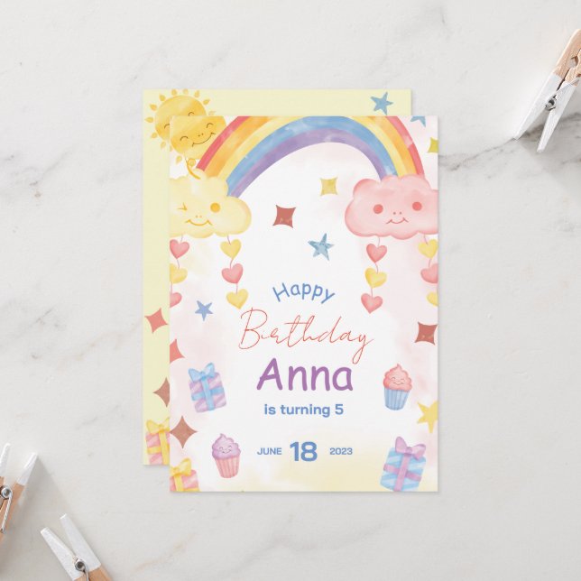 Invitación Cumpleaños arcoíris, sol y nubes de acuarela lindo (Anverso/Reverso In Situ)