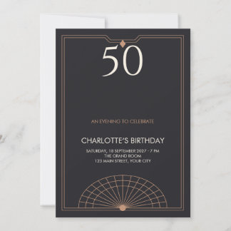Invitación Cumpleaños Art Déco de Cobre Negro
