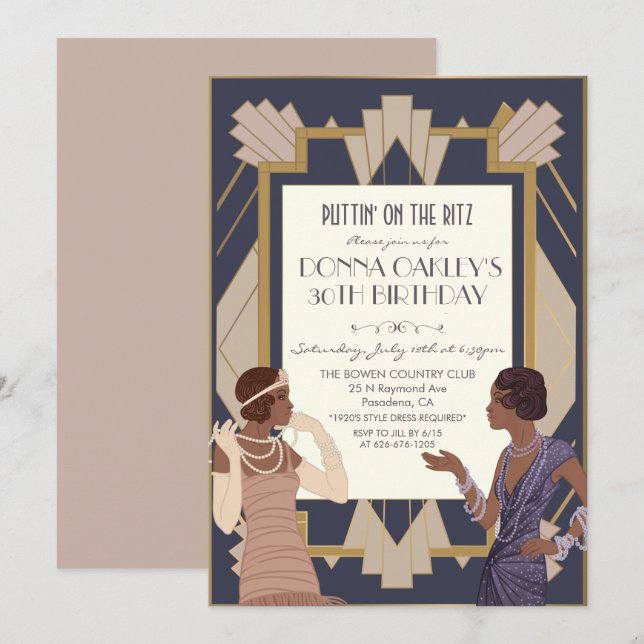 Invitación Cumpleaños Art Déco Gatsby Afroamericano (Anverso / Reverso)