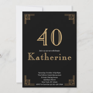Invitación Cumpleaños Art Deco Negro Dorado Rugiente 20's