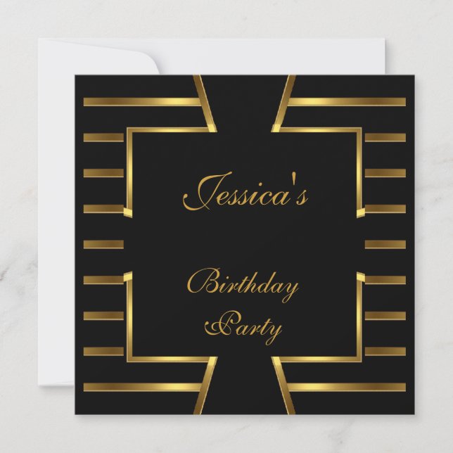 Invitación Cumpleaños Art Deco Raya Negra Dorada 5 (Anverso)