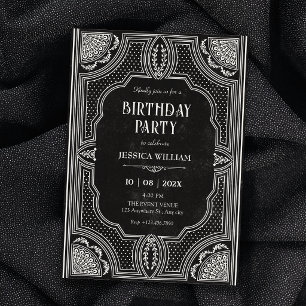 Invitación Cumpleaños art déco vintage negro