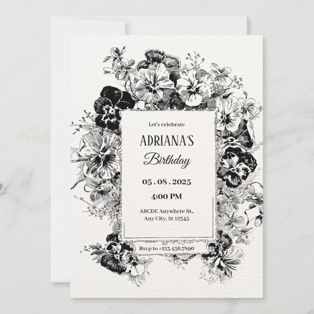 Invitación cumpleaños artístico floral blanco y negro (Anverso)