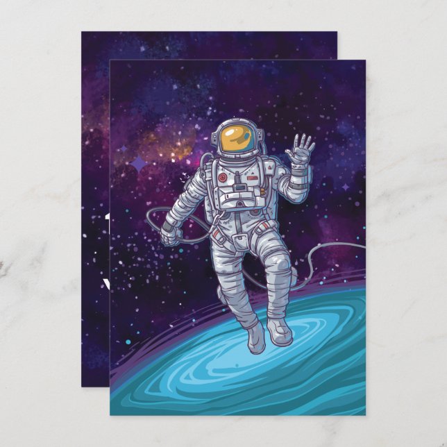 Invitación Cumpleaños. Astronauta en el espacio con estrellas (Anverso / Reverso)