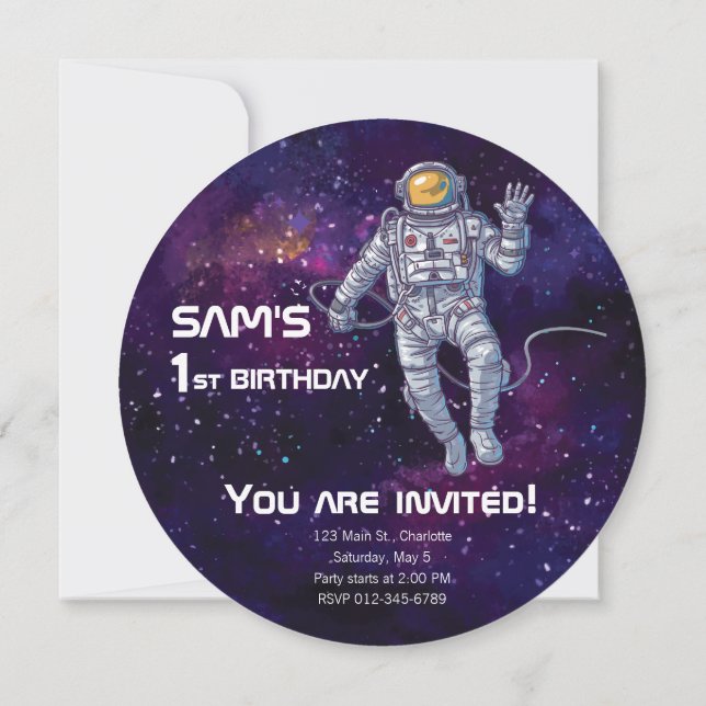 Invitación Cumpleaños. Astronauta en el espacio con estrellas (Reverso)