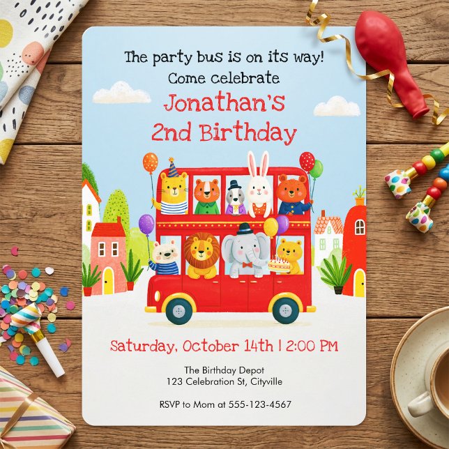 Invitación Cumpleaños Autobús de Fiesta de Dos Pisos Animales (Cute Animal Double Decker Party Bus 2nd Birthday Invitation)