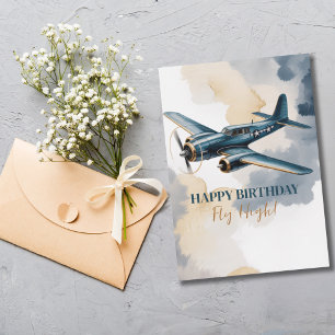 Invitación Cumpleaños Avión Azul y Dorado Acuarela Elegante