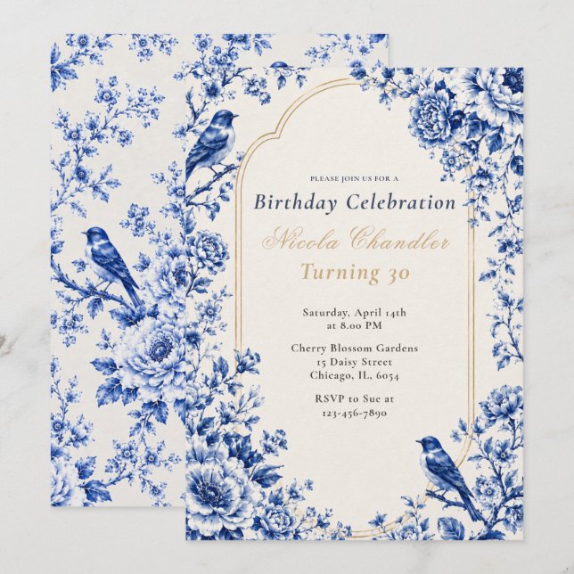 Invitación Cumpleaños azul Chinoiserie (Anverso / Reverso)