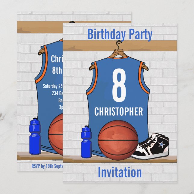 Invitación Cumpleaños azul claro y anaranjado del jersey del (Anverso / Reverso)