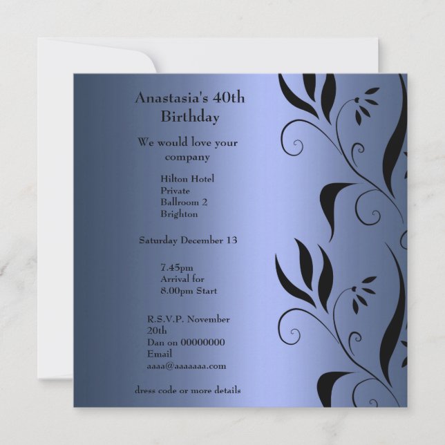 Invitación Cumpleaños Azul con Floral Negro (Anverso)