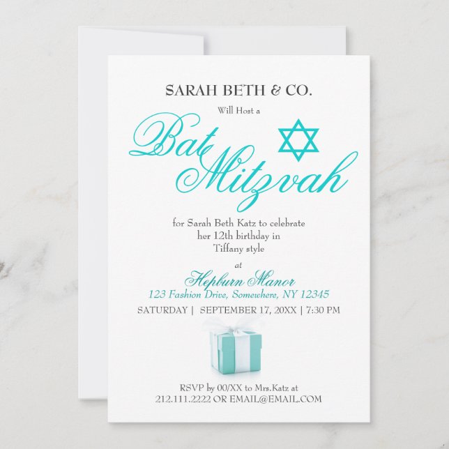 Invitación Cumpleaños azul de Mitzvah del palo del tema de la (Anverso)